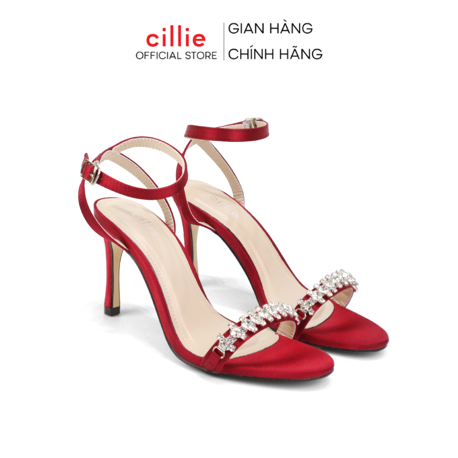 Giày sandal cao gót nữ quai ngang đính đá gót nhọn thời trang thanh lịch Cillie 1004