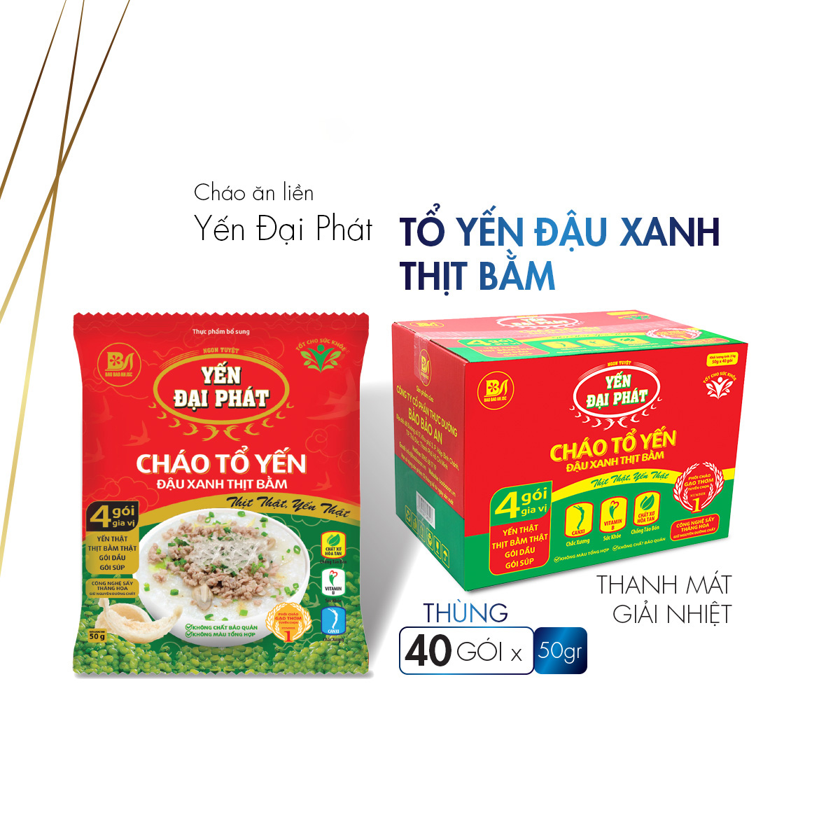 Cháo Tổ Yến Đậu Xanh Thịt Bằm - Yến Đại Phát 4 gói gia vị, ăn liền, tiện lợi, thơm ngon.