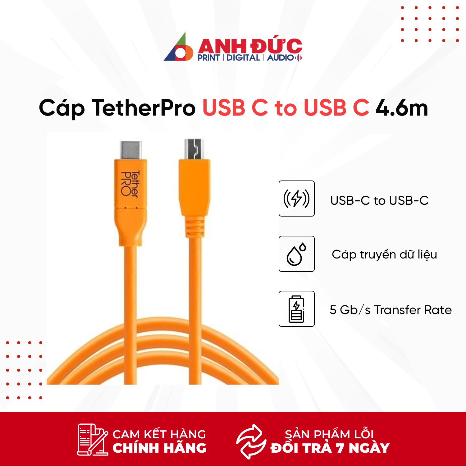 Cáp TetherPro USB-C To USB-C 4.6M - Dây Kết Nối Truyền Dữ Liệu Máy Ảnh Và Máy Tính - Laptop - PC - dành cho Macbook - iMac