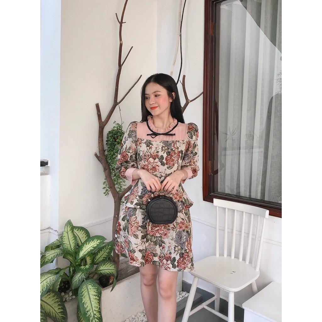 ĐẦM TẾT GẤM IN HOA PHỐI CỔ BÈO NƠ ĐEN TAY LỠ DÁNG SUÔNG-