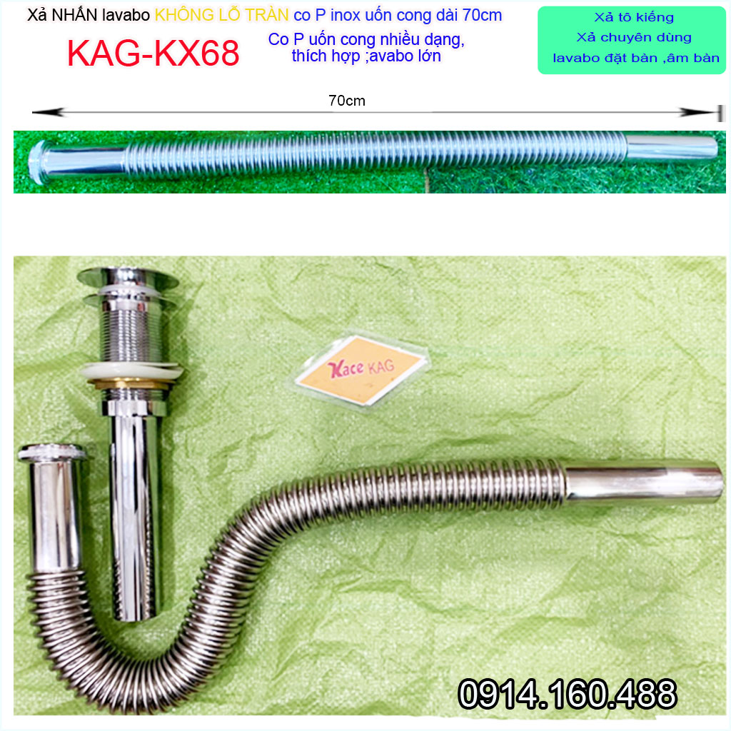 Bộ xả nước chậu rửa mặt KAG-KX68 không lỗ tràn, Xả lavabo kiếng ấn tay ống thải co P inox mềm có thể uốn bẻ chuyên dùng cho lavabo tủ