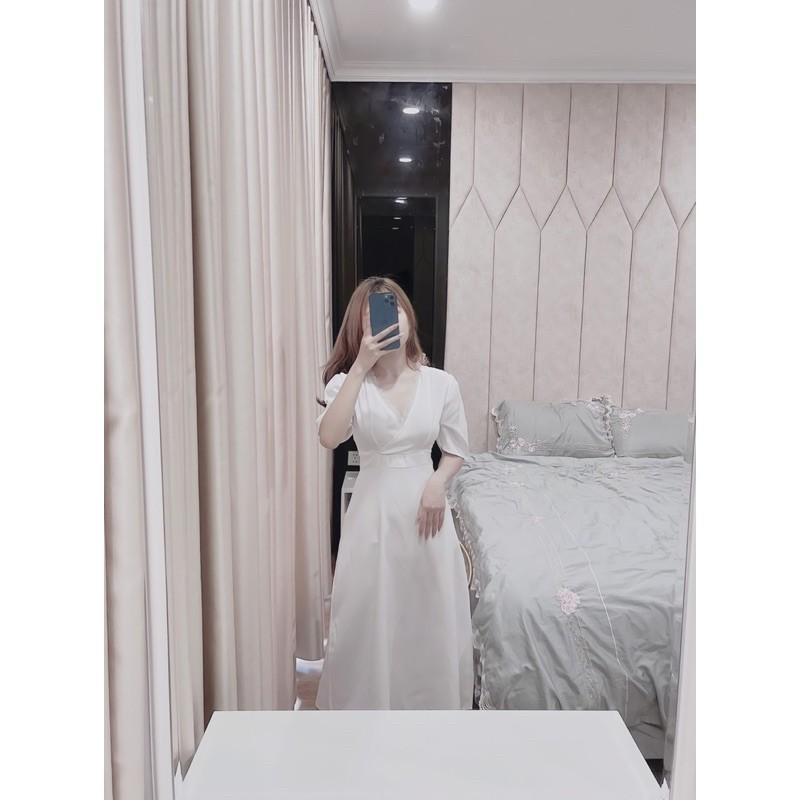 VÁY TRẮNG CỔ V PHỐI REN DÁNG DÀI CHO NỮ