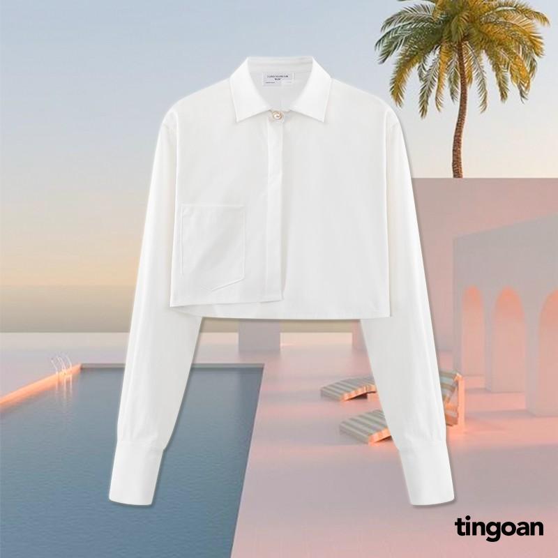 Áo somi crop dài tay cúc ngọc vạt lệch vải chống nhăn trắng tingoan DRUNK IN LOVE SHIRT/WH