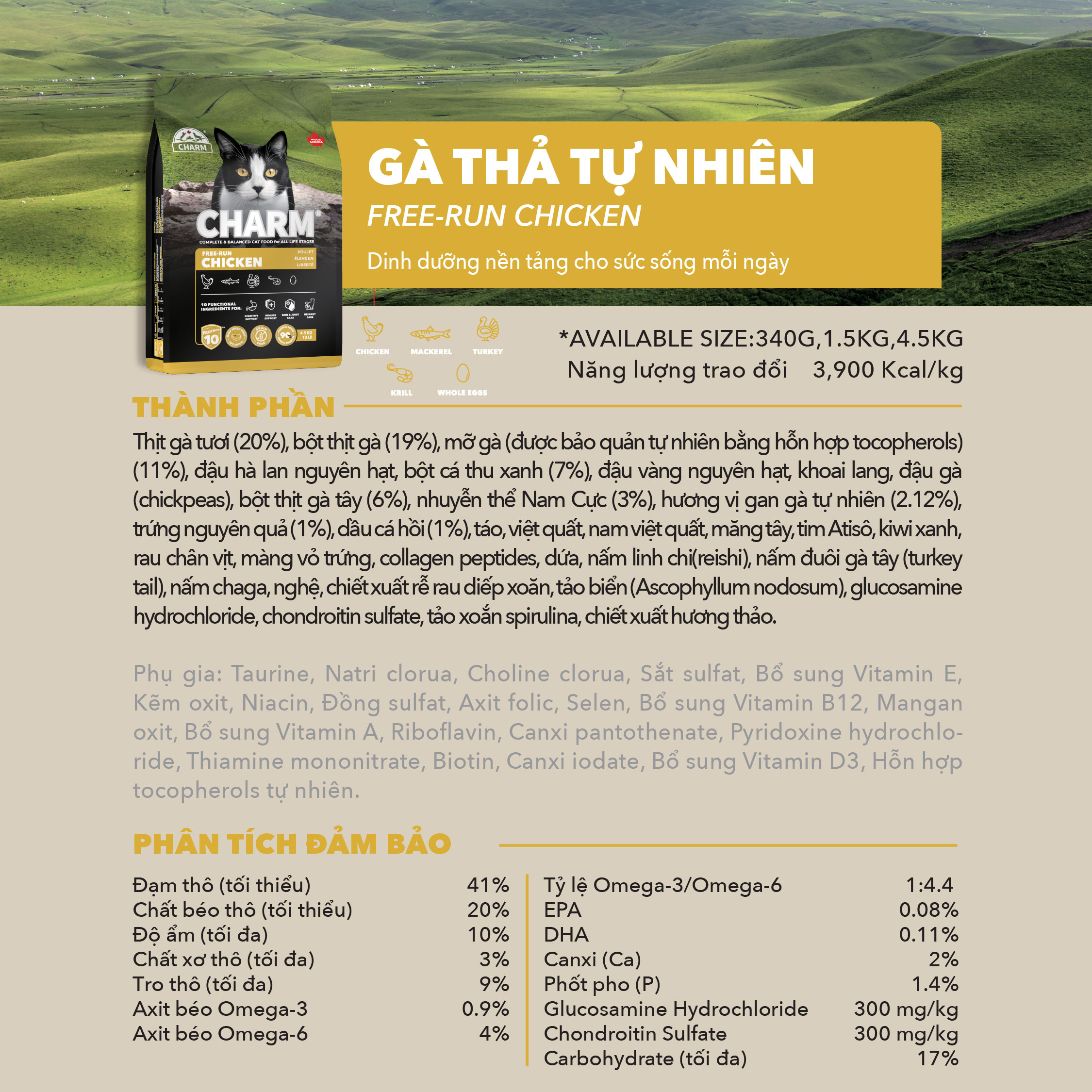 Thức Ăn hạt Mèo cao cấp Gà Cá CHARM Cage-Free Chicken Cat Food Dry food Canada - CHỌN