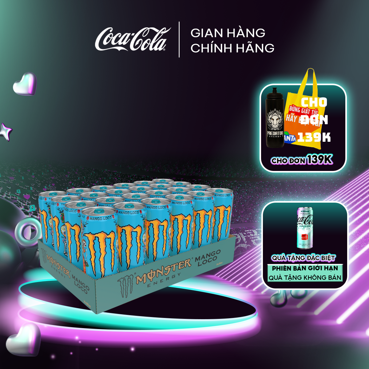 Lốc 24 Lon Nước Tăng Lực Giải Khát Monster Energy Mango Loco Vị Xoài 355ml/Lon Sale 4.4 Coca-Cola Official Store