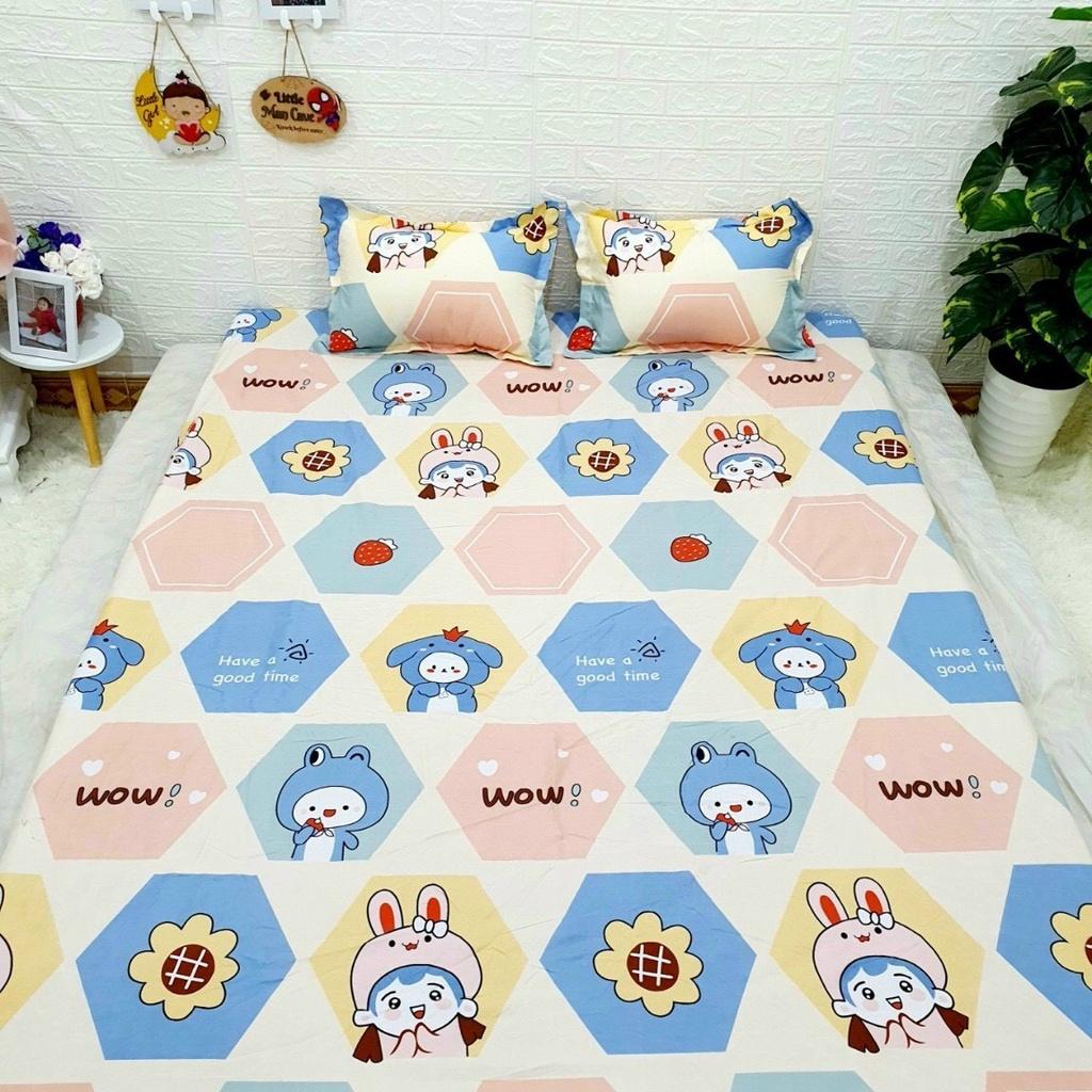 Bộ ga gối cotton giá rẻ 180x200x10cm màu kem họa tiết cô bé thỏ