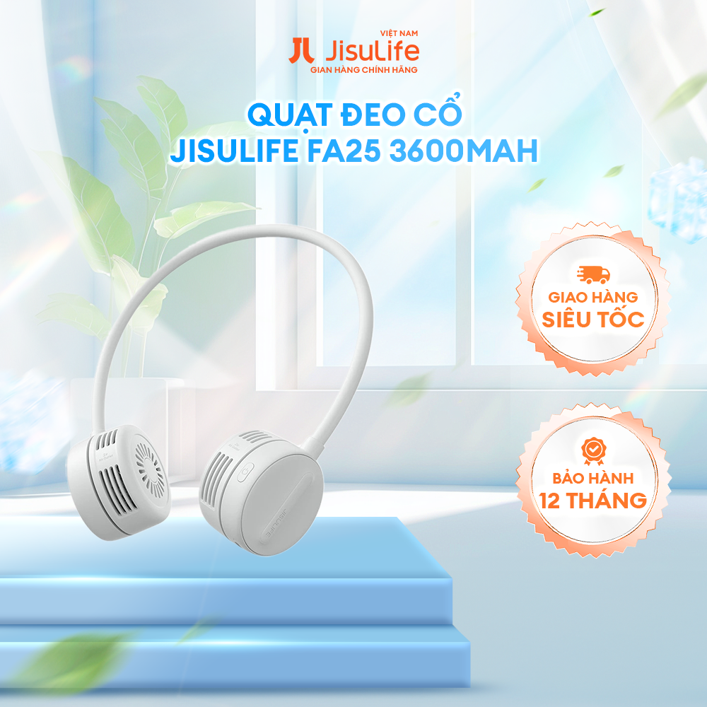 Quạt đeo cổ Jisulife FA25 4W 1800mAh không cánh | 3 Cấp độ gió | Sử dụng tới 12h - Hàng Chính Hãng