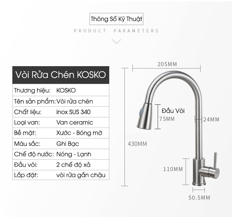 Vòi nước rửa chén KOSKO inox 304, vòi rửa chén bát rút dây linh hoạt phù hợp với nhiều loại bồn rửa chén và chậu rửa bát chén khác nhau