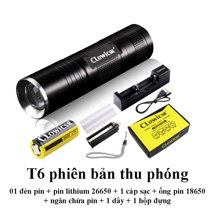 Đèn pin thám hiểm siêu sáng tầm xa 500m tiêu cự có thể thay đổi T6