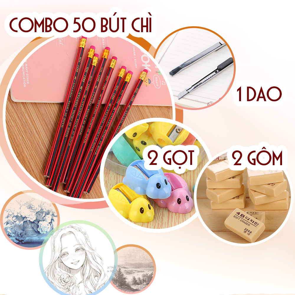 Combo 50 Viết Bút Chì Cao Cấp + 2 Tẩy Gôm + 2 Đồ Gọt Chuốt Chì + Dao Trổ Gọt Chuốt Chì