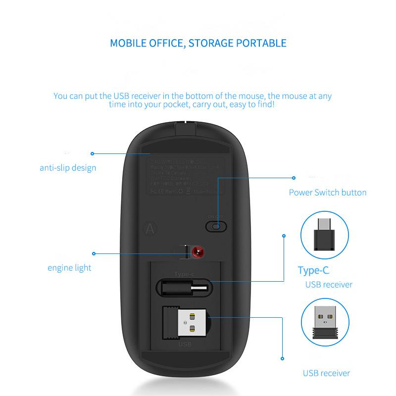 Chuột Không Dây Im Lặng PC Sạc Chuột 2.4G USB TAPE-C Chuột Quang Cho Laptop Tabelt Điện Thoại Thông Minh