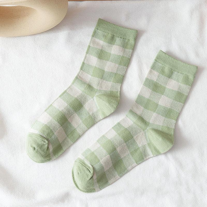 Unisex Stripe Cotton Middle Tube Socks Grid Solid Retro Color Sock Supplies