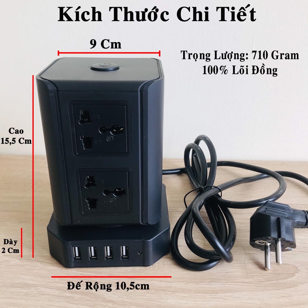 Ổ Cắm Điện Đa Năng dododios Hình Tháp Nhiều Tầng T8/ T12 Chịu Tải 2500W, An Toàn Chống Cháy Chống Giật, Dây Dài 2m - Hàng Chính Hãng