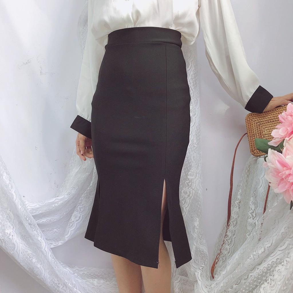 Chân váy công sở dài bigsize màu đen ôm body xẻ tà dài 63cm [size từ 48kg-85kg