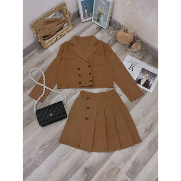 SET VEST NÂU CHÂN VÁY XẾP LY NÚT/Áo vest blazer kèm chân váy