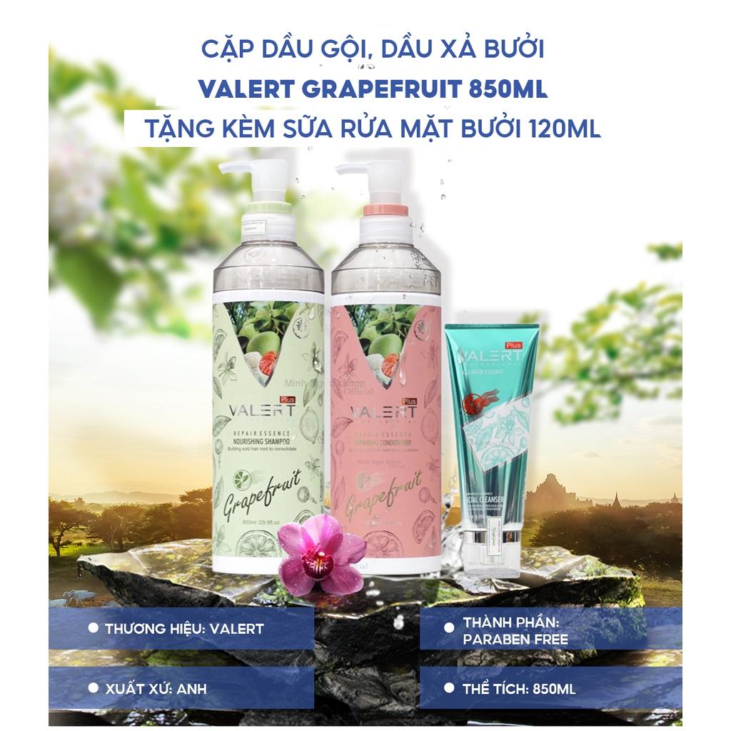 Cặp dầu gội, xả bưởi VALERT GRAPEFRUIT 850ml chống rụng kích thích mọc tóc tặng kèm sữa rửa mặt 120ml
