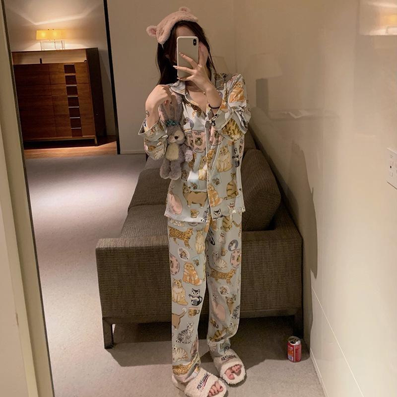 MS1062 Bộ Pyjama Nữ Lụa Satin, Bộ Quần Áo Dài Mặc Nhà Thú Rừng 8205