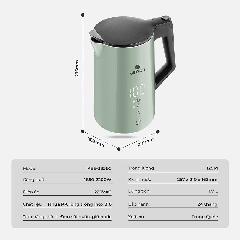 Ấm Siêu Tốc Đun Nước ELMICH 1.7L Bình Đun Nước Siêu Tốc Hiển Thị Nhiệt Độ EL3856G Hàng Chính Hãng