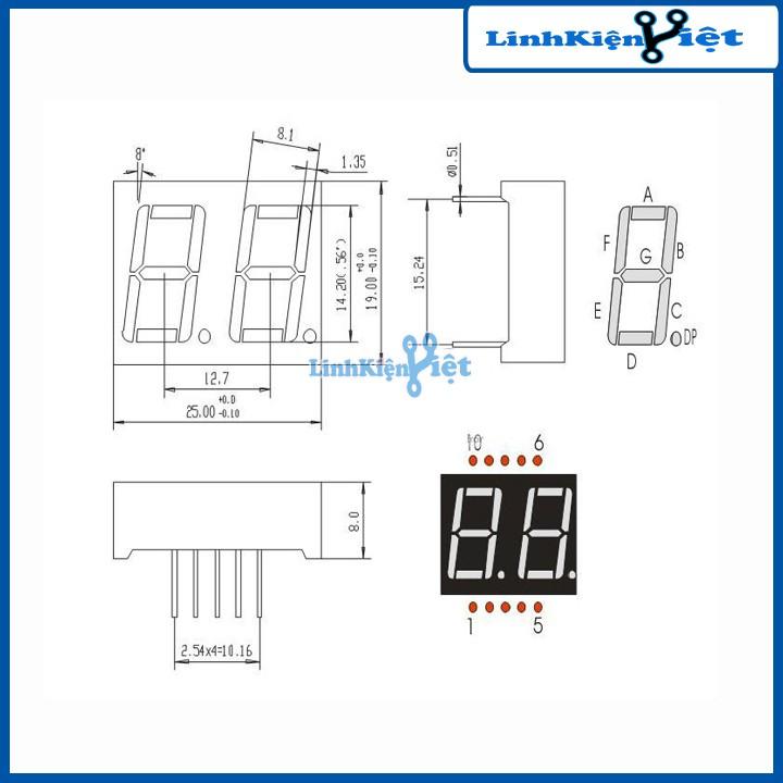 Bộ 5 led 7 thanh 2 số đỏ anode chung 0.56 inch