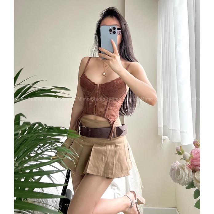 Bra corset lưng đan dây - Váy kaki nâu kèm belt