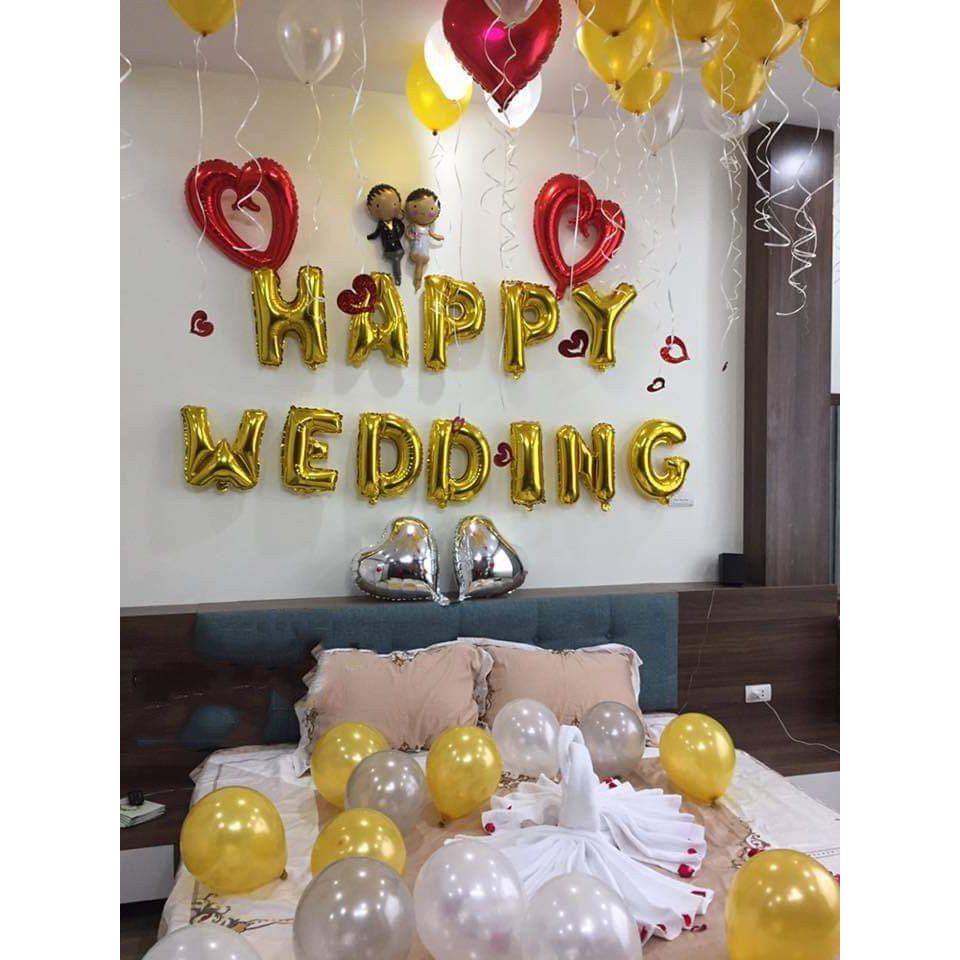 Set Bóng Trang Trí Phòng Cưới,Phòng Tân Hôn Happy Wedding  ( tặng bơm bóng, băng dính, dây ruy băng)