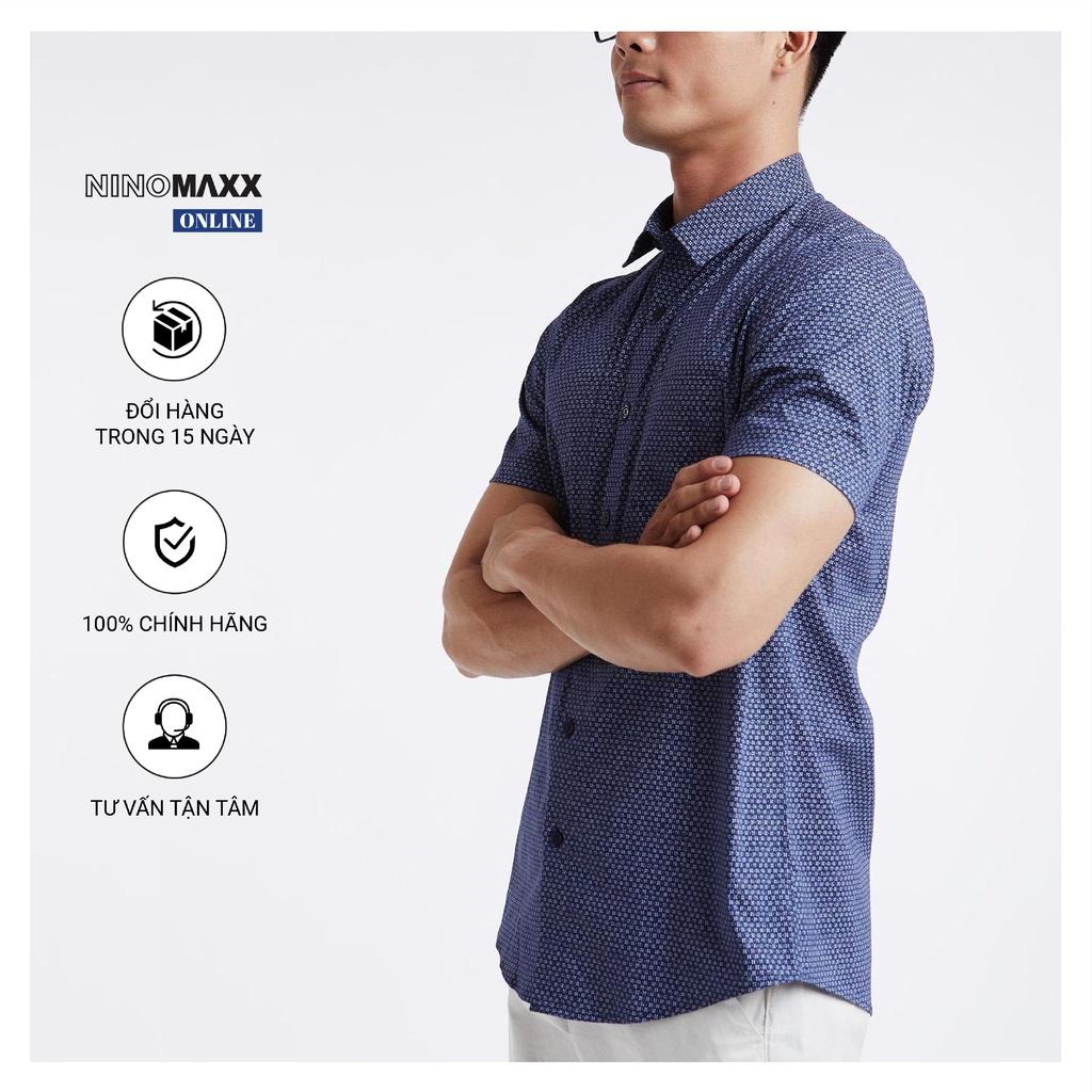 N&amp;M Áo Sơ Mi Nam ngắn tay cổ bẻ màu xanh than có họa tiết sọc 100% cotton 1910133