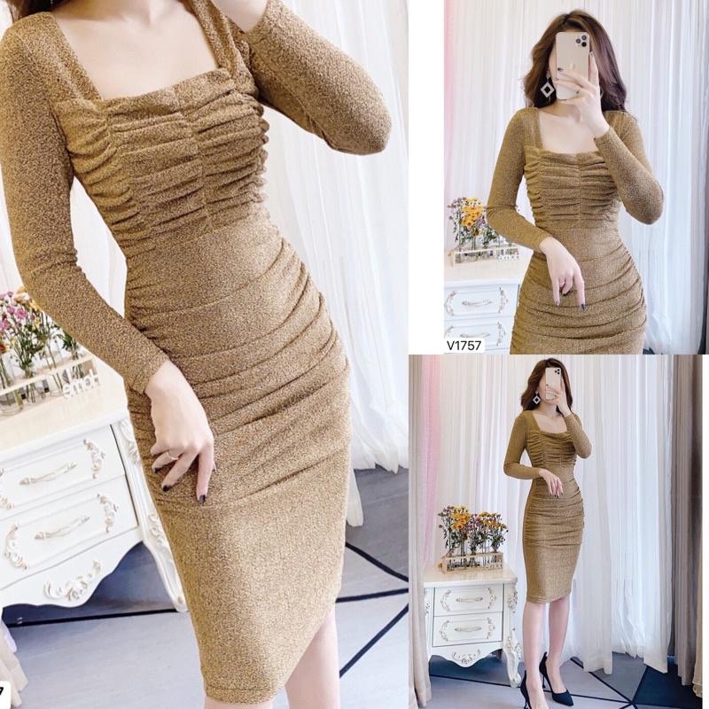 Đầm body nhũ cổ vuông nhún eo sang chảnh