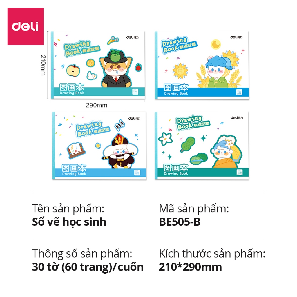 Vở Vẽ Học Sinh Tập Tô Màu Cho Bé A4 Deli - Sổ Tô Màu 60/100 Trang Sổ Vẽ Học Sinh Giấy Dày Mịn Chất Liệu An Toàn