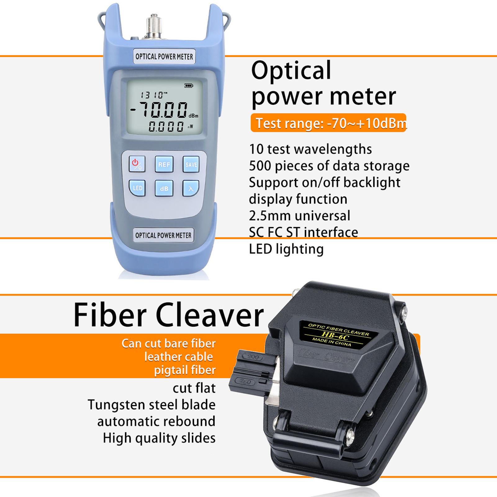 Cold Contact Optical Fiber Tool Set Fiber Cleaver Set with Optical Power Meter 10mW Red Light Pen Wire Stripper Storage Bag