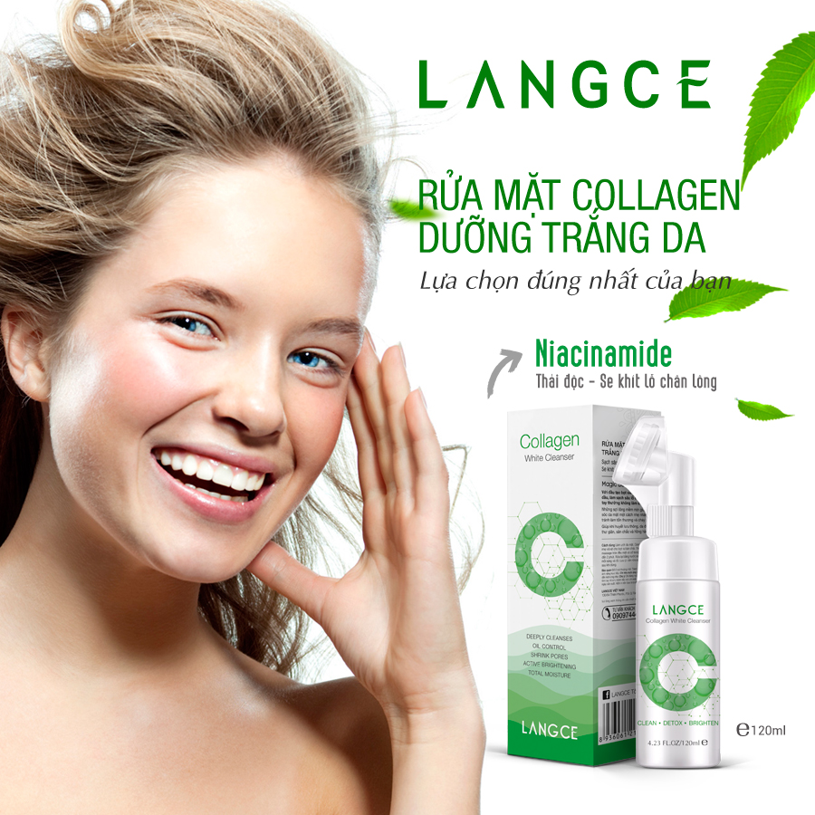 Collagen Rửa Mặt Cọ Massage Trắng Da 120ml Hộp Xanh TẶNG Tẩy Tế Bào Chết Da Mặt Trà Xanh 100ml LANGCE