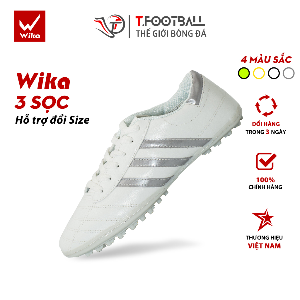 Giày Đá Bóng WIKA 3 Sọc Chính Hãng Khâu Full Đế Đinh TF Hỗ Trợ Bám Trụ – Trắng sọc Bạc,42
