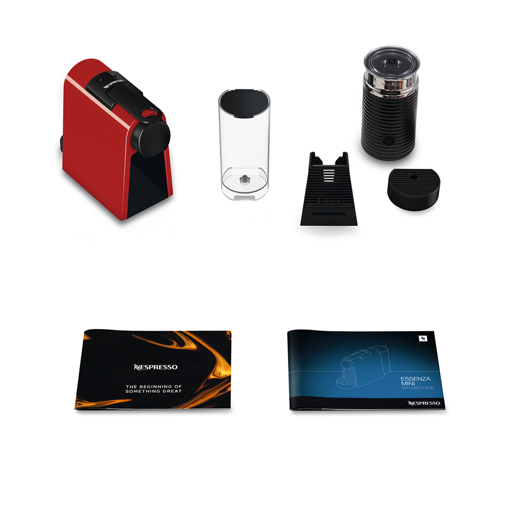 Bộ máy pha cà phê Nespresso Essenza Mini Đỏ &amp; máy đánh sữa Aeroccino 3 - Hàng chính hãng