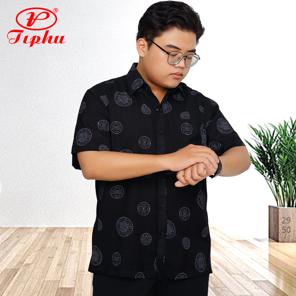 Áo somi nam dáng rộng, ngắn tay, hoa văn chìm, cho trung tuổi, size tới 110 kg, thương hiệu Amazing