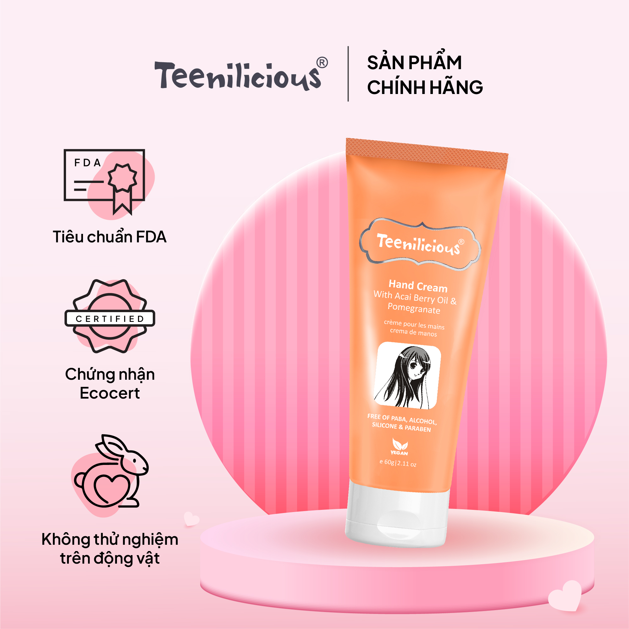 Kem Dưỡng Da Tay Teenilicious Hand Cream With Acai Berry Oil &amp; Pomegranate Dưỡng Ẩm Sáng Mịn - 60g