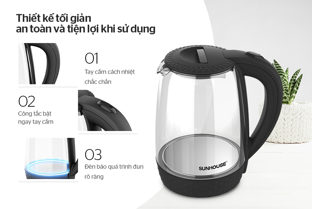 Ấm Siêu Tốc Thủy Tinh Sunhouse SHD1215 1.8 Lít - Bảo Hành 12 Tháng Toàn Quốc
