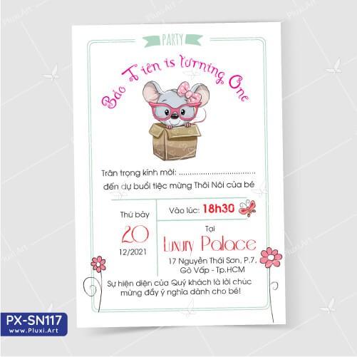 Thiệp thôi nôi – sinh nhật Pluxi bé Trai tuổi Chuột 01