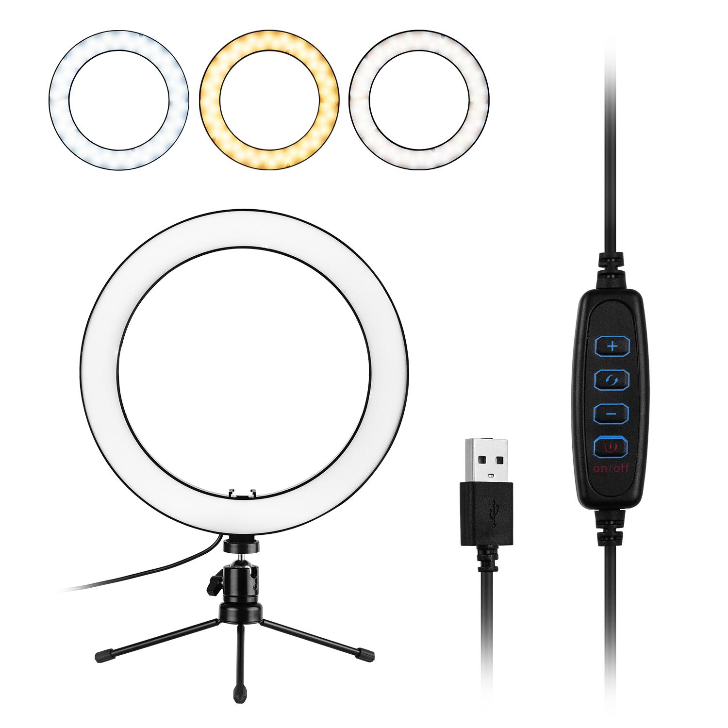 Đèn LED vòng 10 inch Chụp ảnh Đèn chiếu sáng 3 chế độ USB có thể điều chỉnh độ sáng Được hỗ trợ với giá ba chân máy tính để bàn mini để phát trực tiếp
