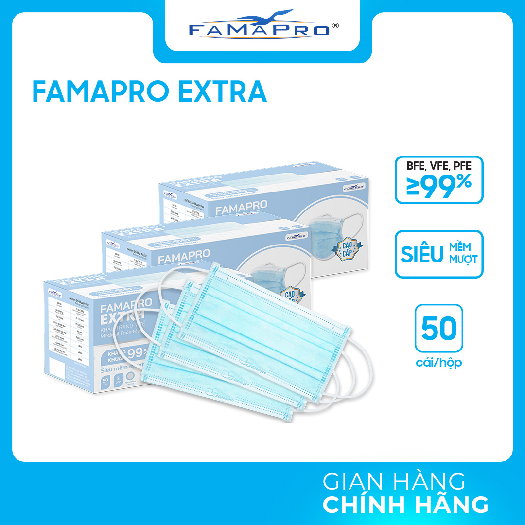 Hộp - Famapro Extra - Khẩu Trang Y Tế Kháng Khuẩn 4 Lớp Famapro Extra 50 Cái Hộp - Xanh - Combo 3 Hộp