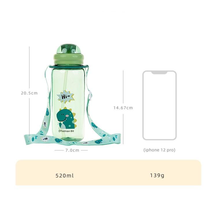 Bình nước đi học cho bé Fashion Bit có ống hút và quai đeo 520ml siêu kute