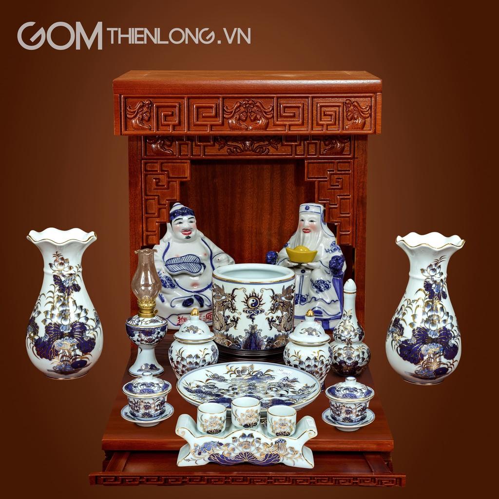 Bộ Đồ Thờ Vẽ Vàng Hoa Sen - Bát Hương Đồ Thờ Men Lam Bát Tràng - Gốm Thiên Long