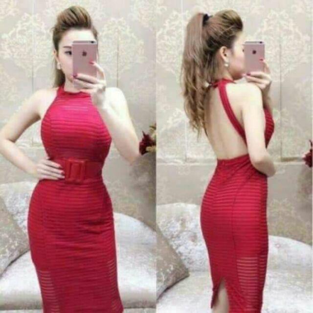 Đầm body yếm hở lưng váy lưới