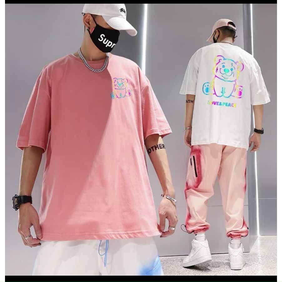 Hình ảnh Áo thun tay lỡ phản quang phông Unisex nam nữ Cotton oversize đến 75Kg form rộng hình gấu Love & Peace