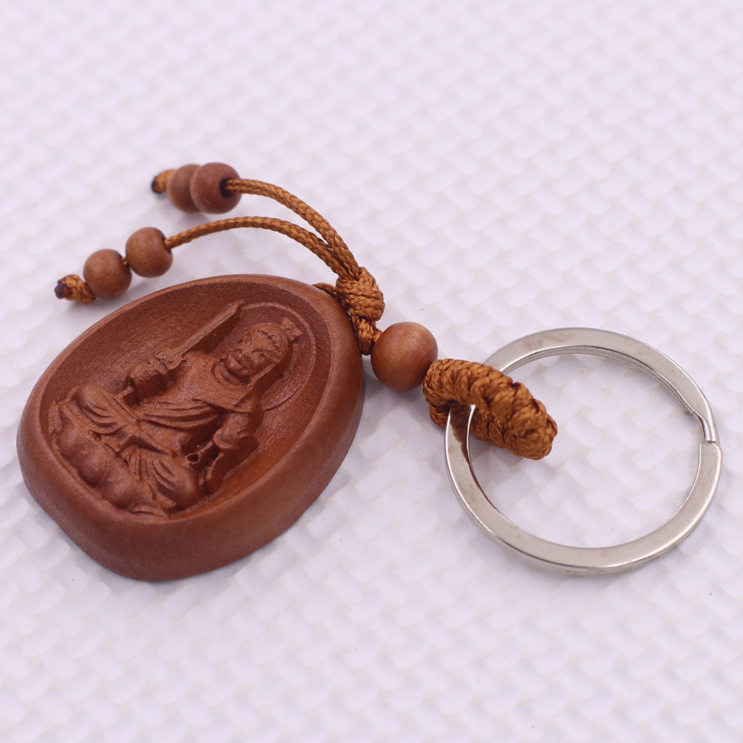 Móc chia khóa Phật Bất động minh vương gỗ đào, móc chìa khóa Phật bản mênh