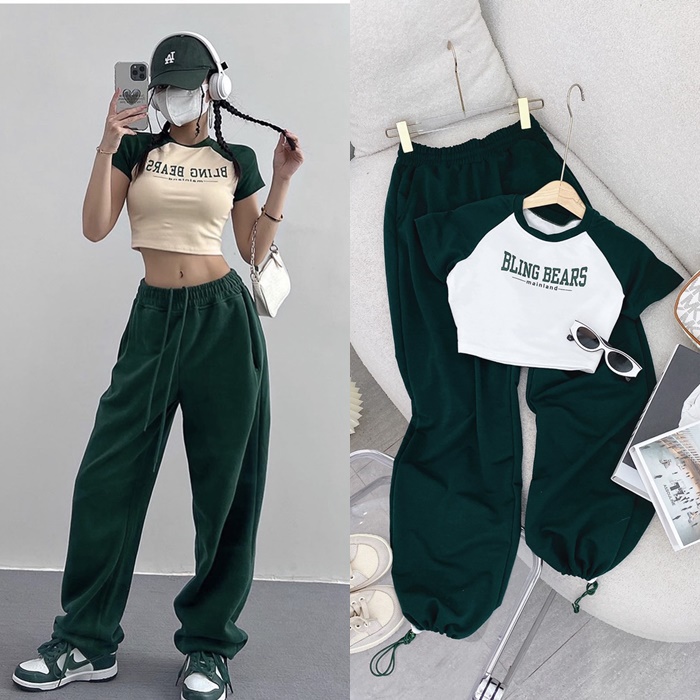 SET ÁO CROPTOP THUN RAGLAN + QUẦN ỐNG RỘNG LƯNG THUN JOGGER XANH RÊU