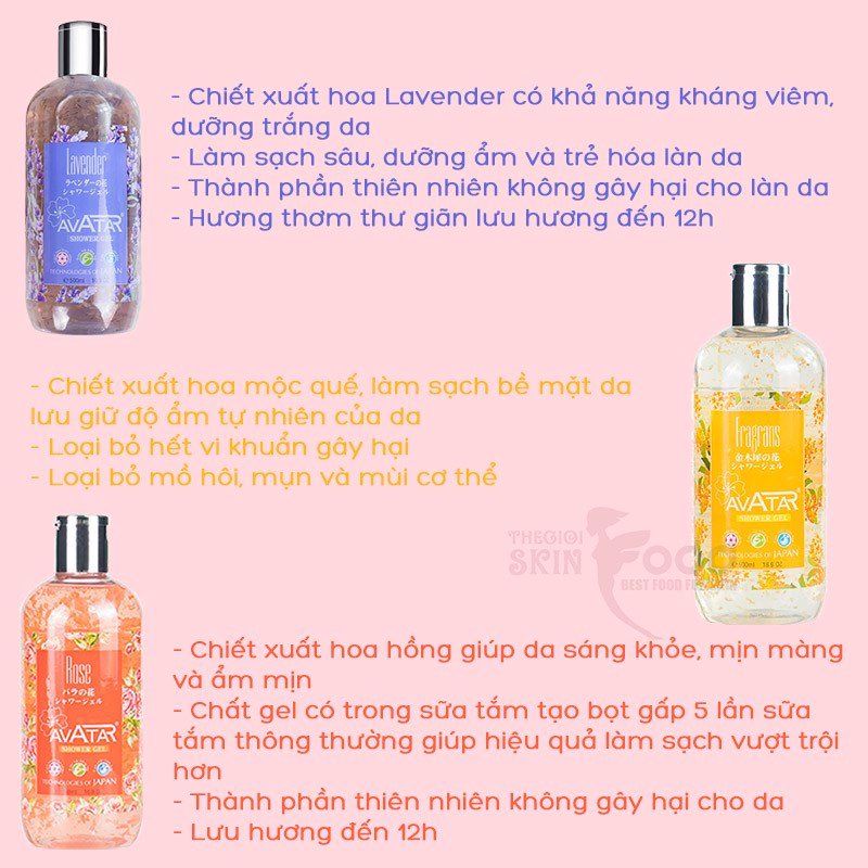 Sữa Tắm Trắng Da Chiết Xuất Hoa Hồng Avatar Rose Shower Gel Chai 500ml (Combo 500ml Và Set 24ml)