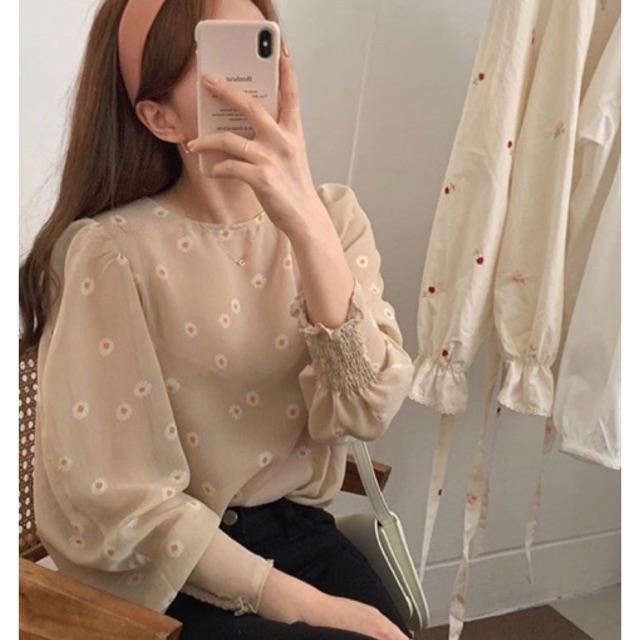 Áo sơ mi hoa vintage tay chun Ms2659