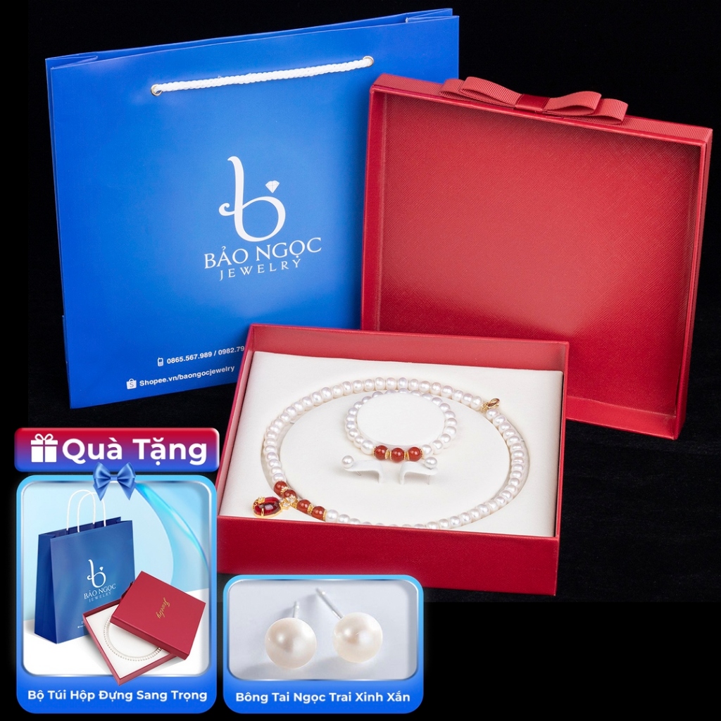 Bộ Chuỗi Ngọc Trai Phát Tài Lộc Mã Não Đỏ Charm Hoa Vàng - BNJ1208 - Bảo Ngọc Jewelry