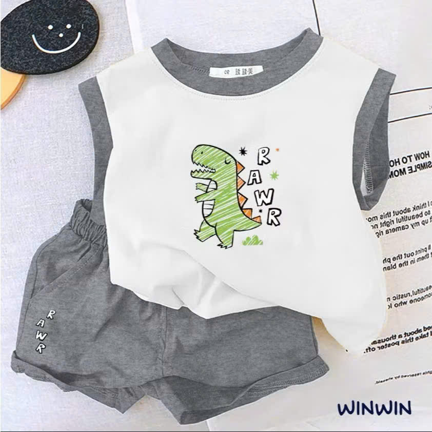 BỘ THUN SÁT NÁCH BÉ TRAI PHỐI MÀU IN KHỦNG LONG RAWR DỄ THƯƠNG TỪ 8-24KG CHO BÉ TRAI