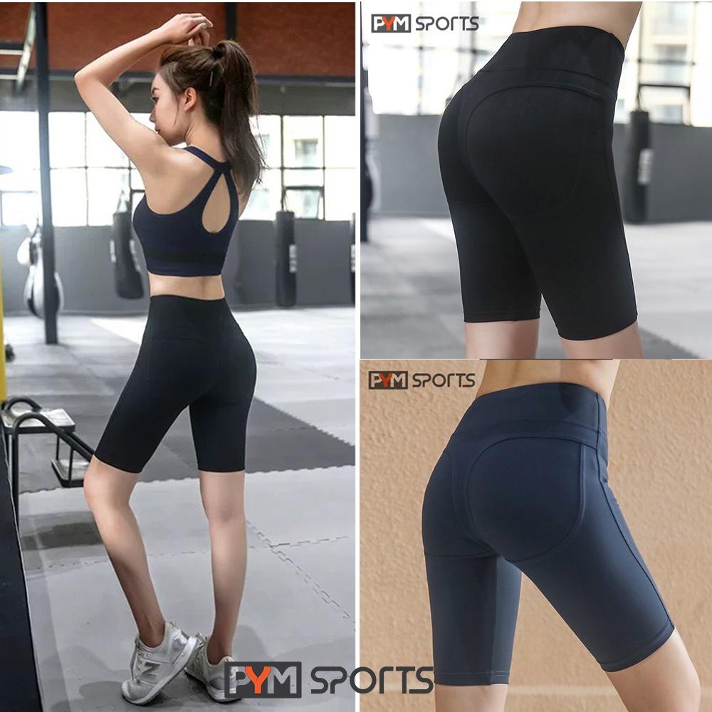 Quần legging đùi nữ big size tập gym yoga PYMSPORT - PYML014 thun cạp cao, dáng ôm bó, 2 màu xanh tím than, đen