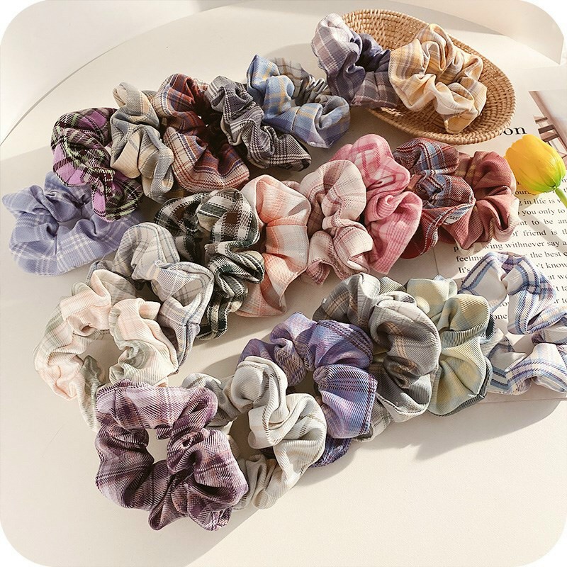 Set 5 Cột Tóc Vải Scrunchies Họa Tiết Caro Vintage Hàn Quốc, Dây Buộc Tóc Scrunchies Cứng